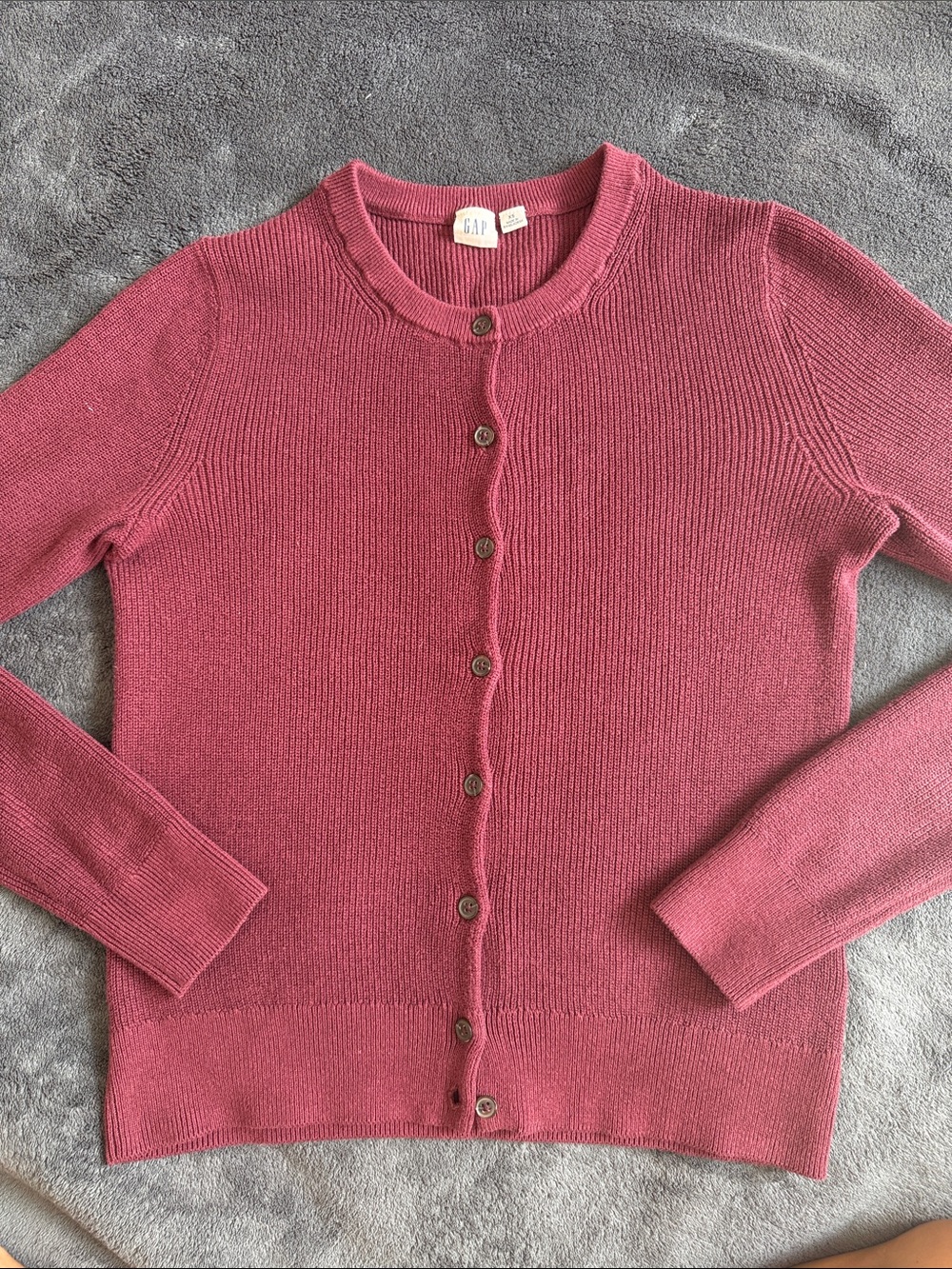 GAP 100% Cotton Burgundy Button-Up Ribbed Crewneck Cardigan